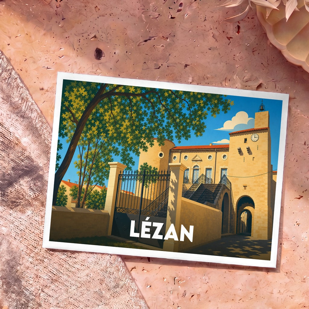 Carte postale souvenir de la ville de Lézan avec une illustration stylisée de son architecture historique.