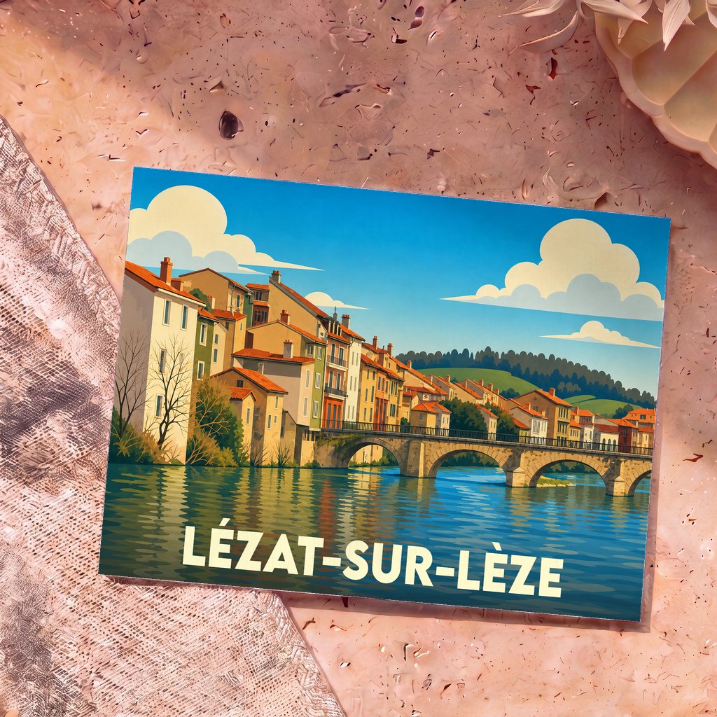 Carte postale souvenir de la ville de Lézat-sur-Lèze avec une illustration stylisée montrant des maisons colorées au bord de l'eau et un pont en pierre.