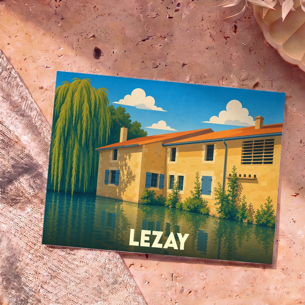 Carte postale souvenir de la ville de Lezay avec une illustration stylisée d'une maison au bord de l'eau.