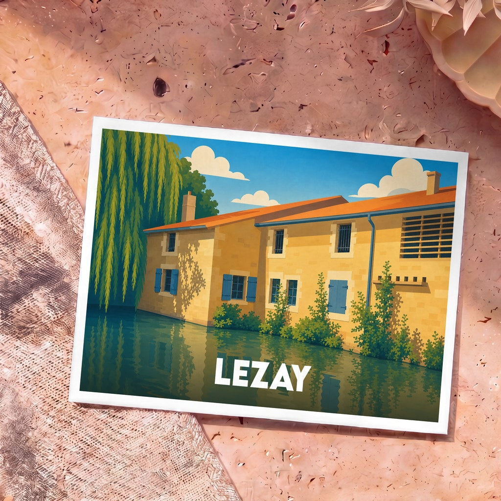 Carte postale souvenir de la ville de Lezay avec une illustration stylisée d'une maison au bord de l'eau.