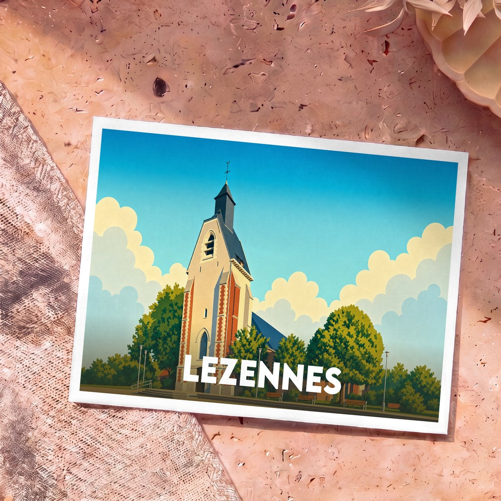 Carte postale souvenir de la ville de Lezennes avec une illustration stylisée de son église.