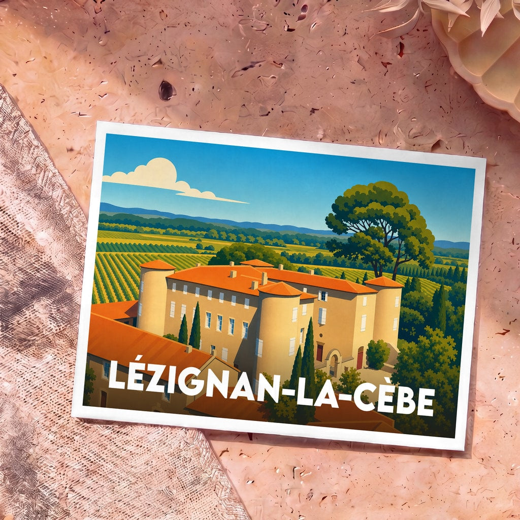 Carte postale souvenir de la ville de Lézignan-la-Cèbe illustrant un château entouré de vignes dans un style rétro.