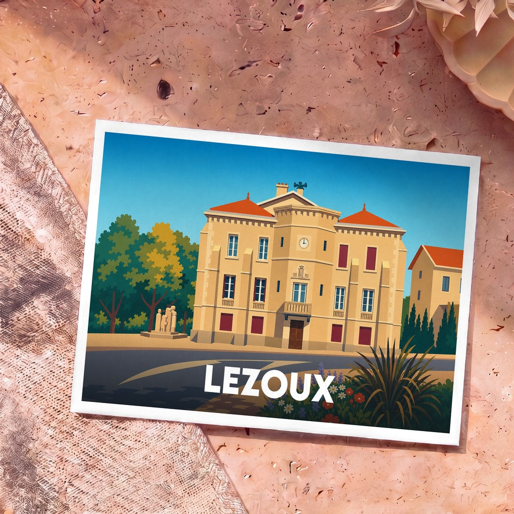 Carte postale souvenir de la ville de Lezoux avec une illustration stylisée de son hôtel de ville.