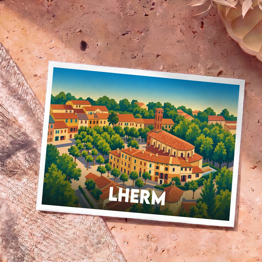 Carte postale souvenir de la ville de Lherm avec une illustration stylisée et colorée de ses bâtiments emblématiques.