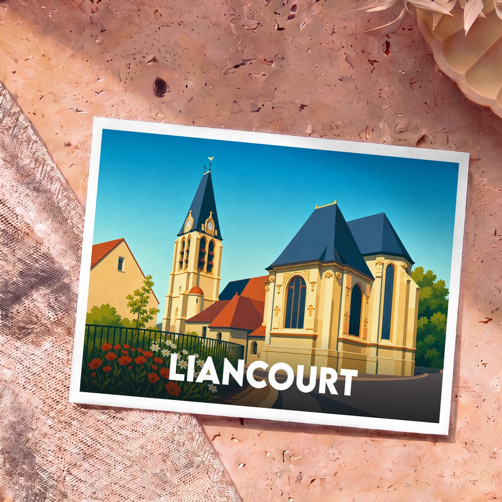 Carte postale souvenir de la ville de Liancourt avec une illustration stylisée de son église sous un ciel bleu.