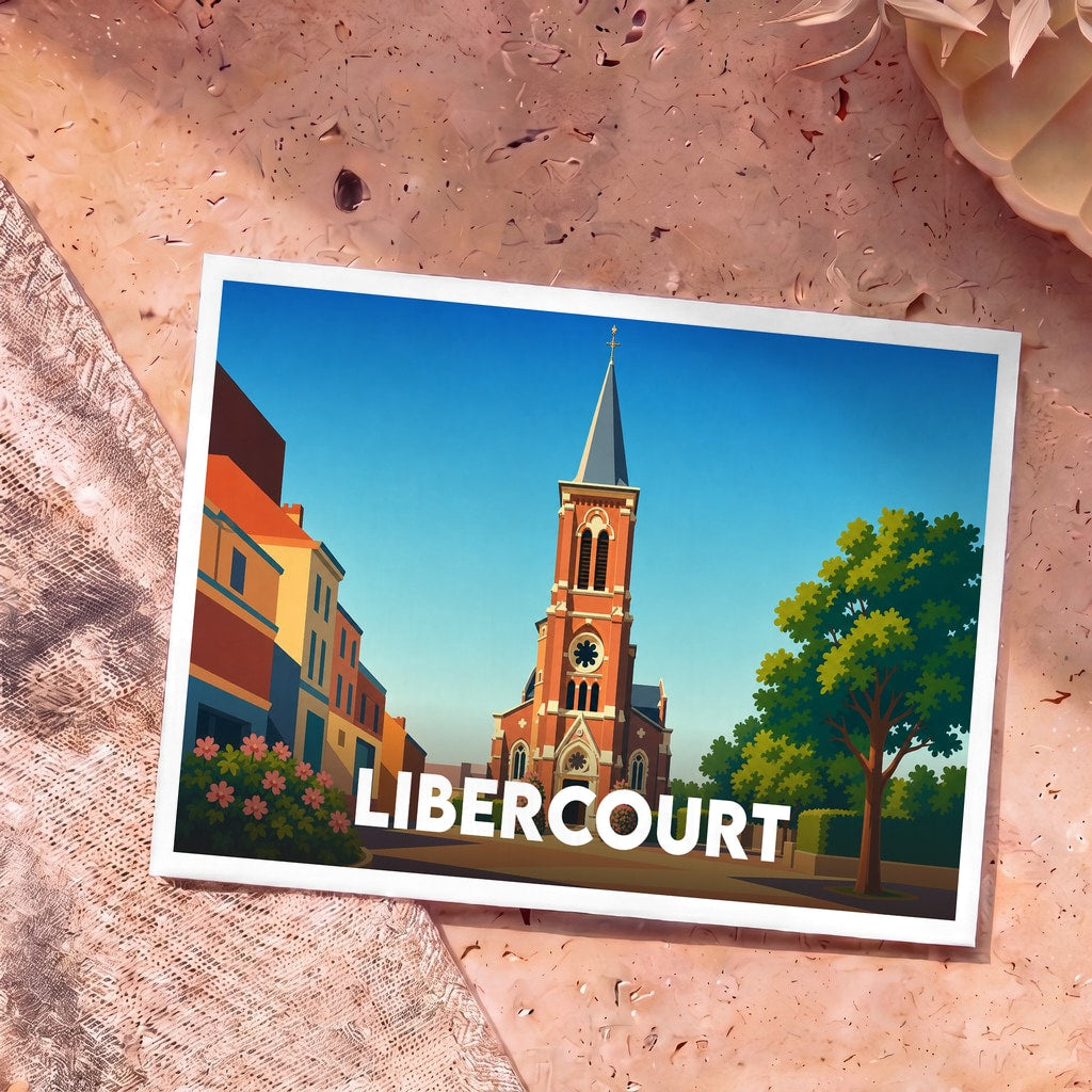 Carte postale souvenir de la ville de Libercourt avec une illustration stylisée de son église.