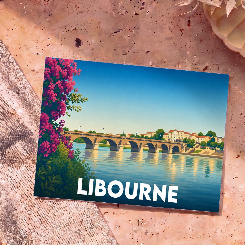 Carte postale souvenir de la ville de Libourne avec une illustration stylisée de son pont de pierre.