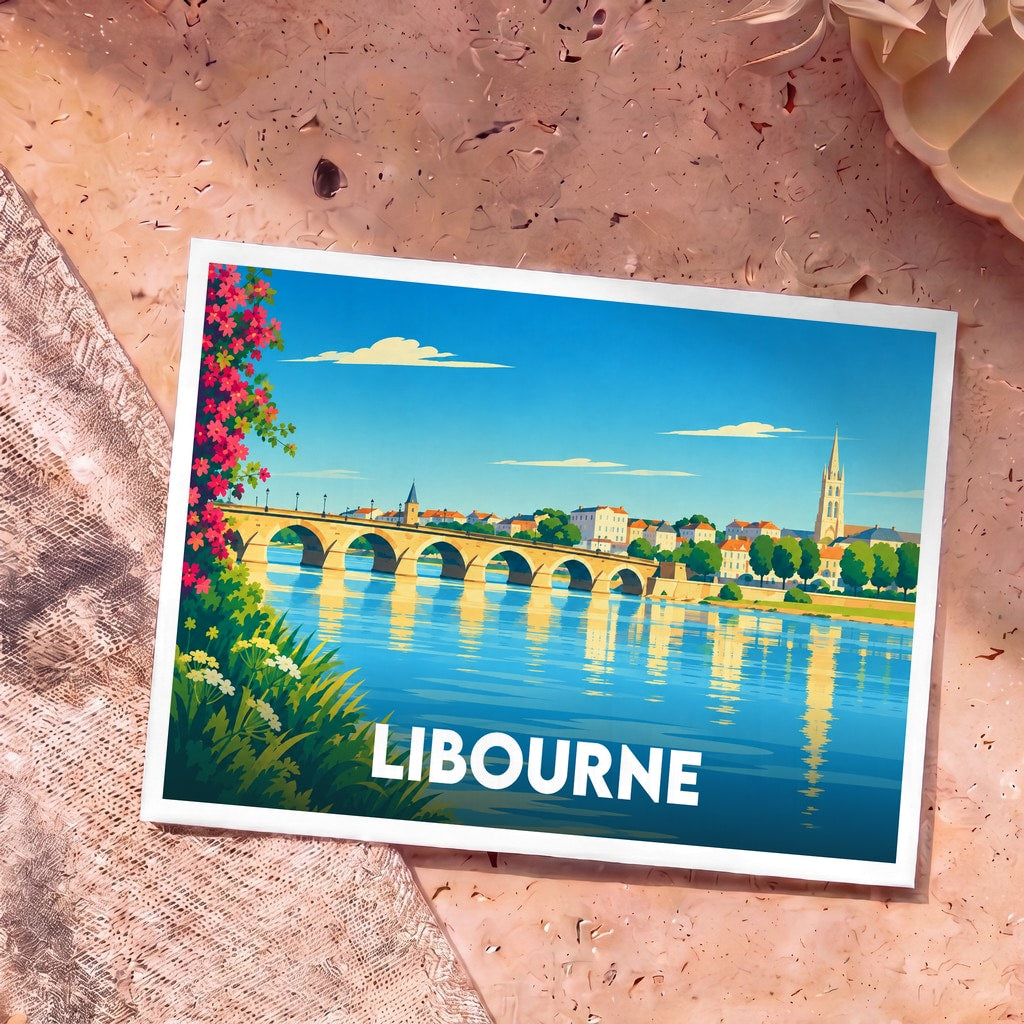 Carte postale souvenir de la ville de Libourne avec une illustration stylisée de son pont et de son église au bord de l'eau.