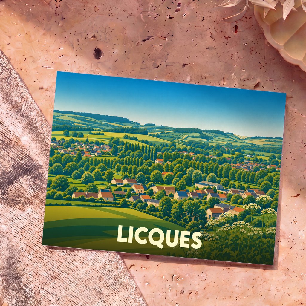Carte postale souvenir de la ville de Licques illustrant un paysage vallonné et verdoyant au style graphique épuré.