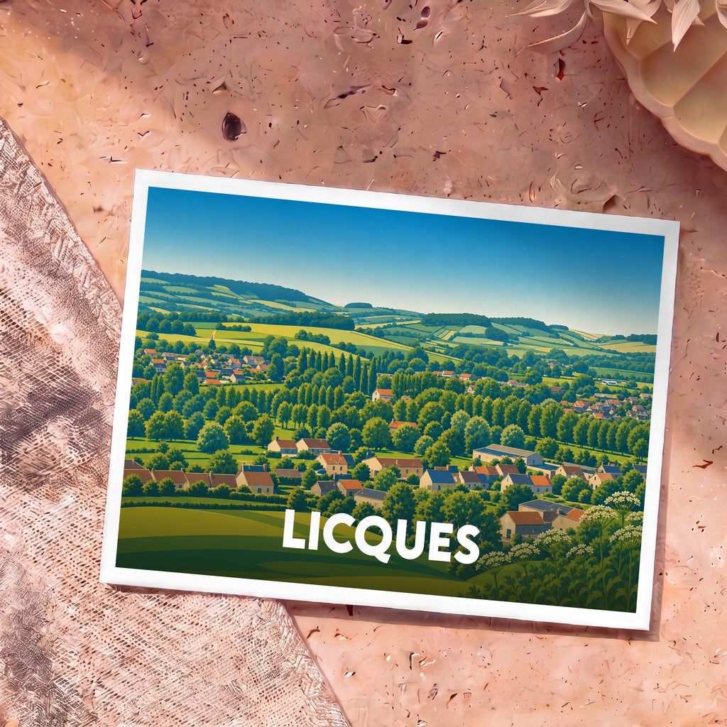 Carte postale souvenir de la ville de Licques illustrant un paysage vallonné et verdoyant au style graphique épuré.