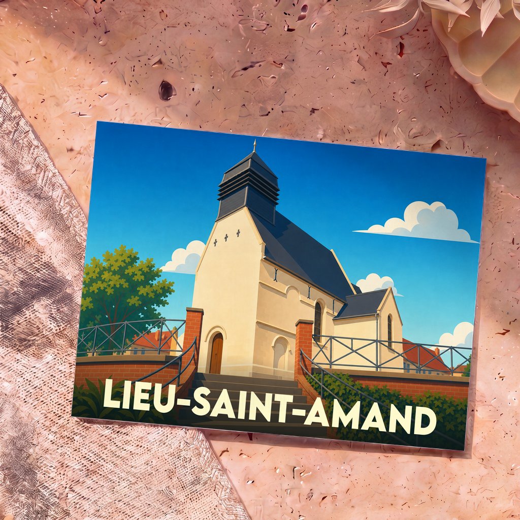 Carte postale souvenir de la commune de Lieu-Saint-Amand illustrant son église avec un style graphique épuré.