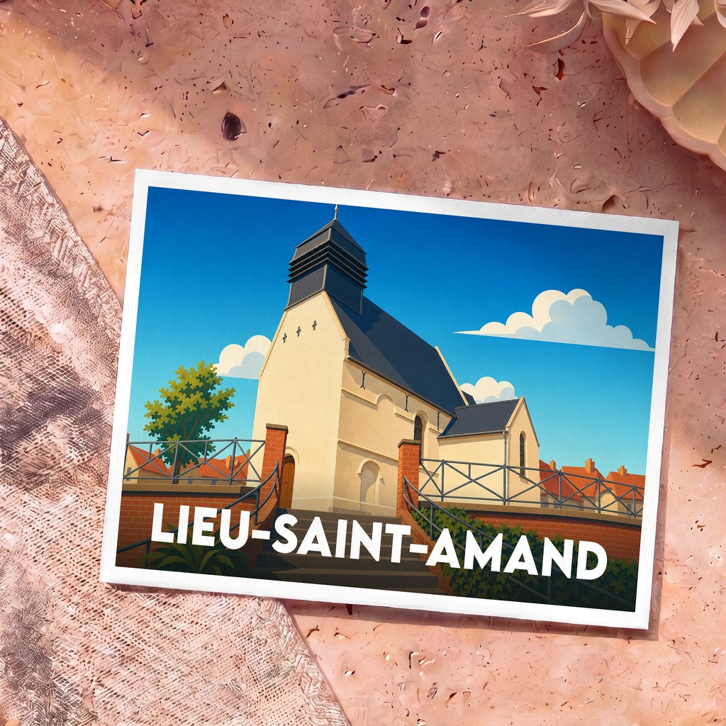Carte postale souvenir de la commune de Lieu-Saint-Amand illustrant son église avec un style graphique épuré.