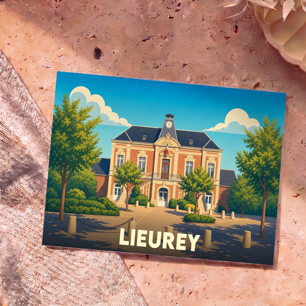 Carte postale souvenir de la ville de Lieurey avec une illustration stylisée de sa mairie.