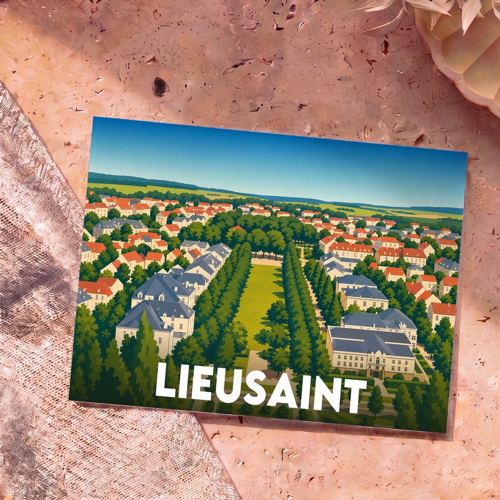 Carte postale souvenir de la ville de Lieusaint avec une illustration stylisée vue du ciel.