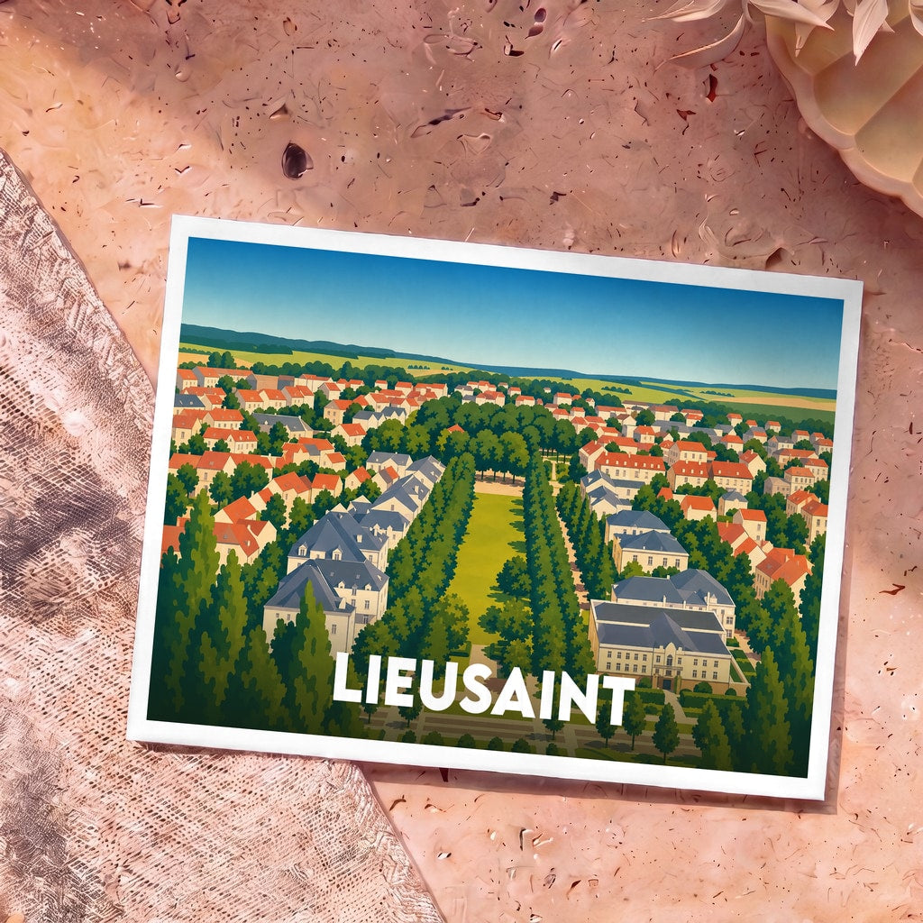 Carte postale souvenir de la ville de Lieusaint avec une illustration stylisée vue du ciel.