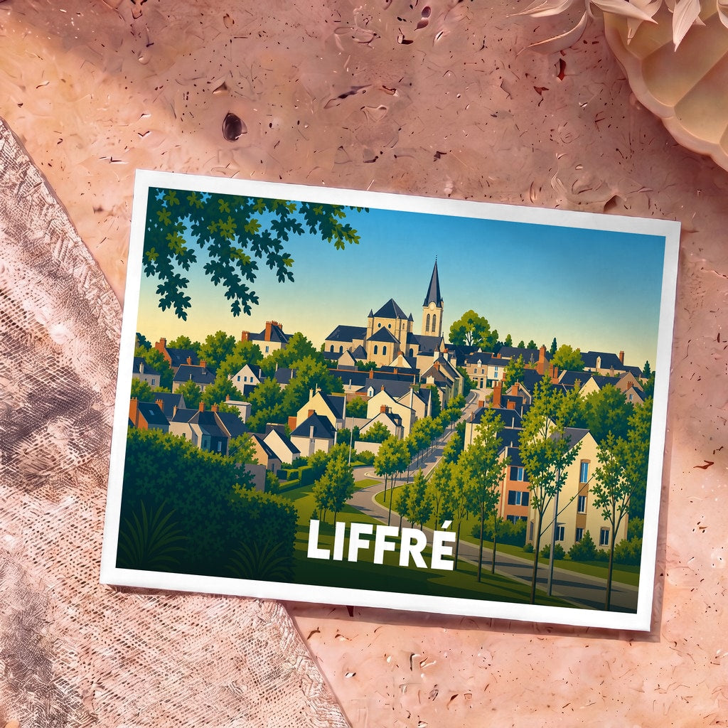 Carte postale souvenir de la ville de Liffré avec une illustration stylisée montrant l'église et les maisons.