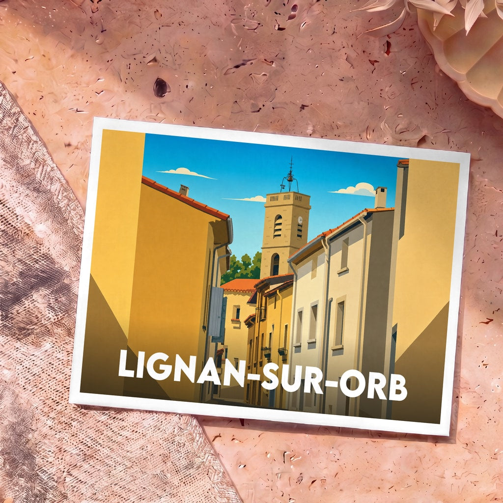 Carte postale souvenir de la ville de Lignan-sur-Orb avec une illustration stylisée.