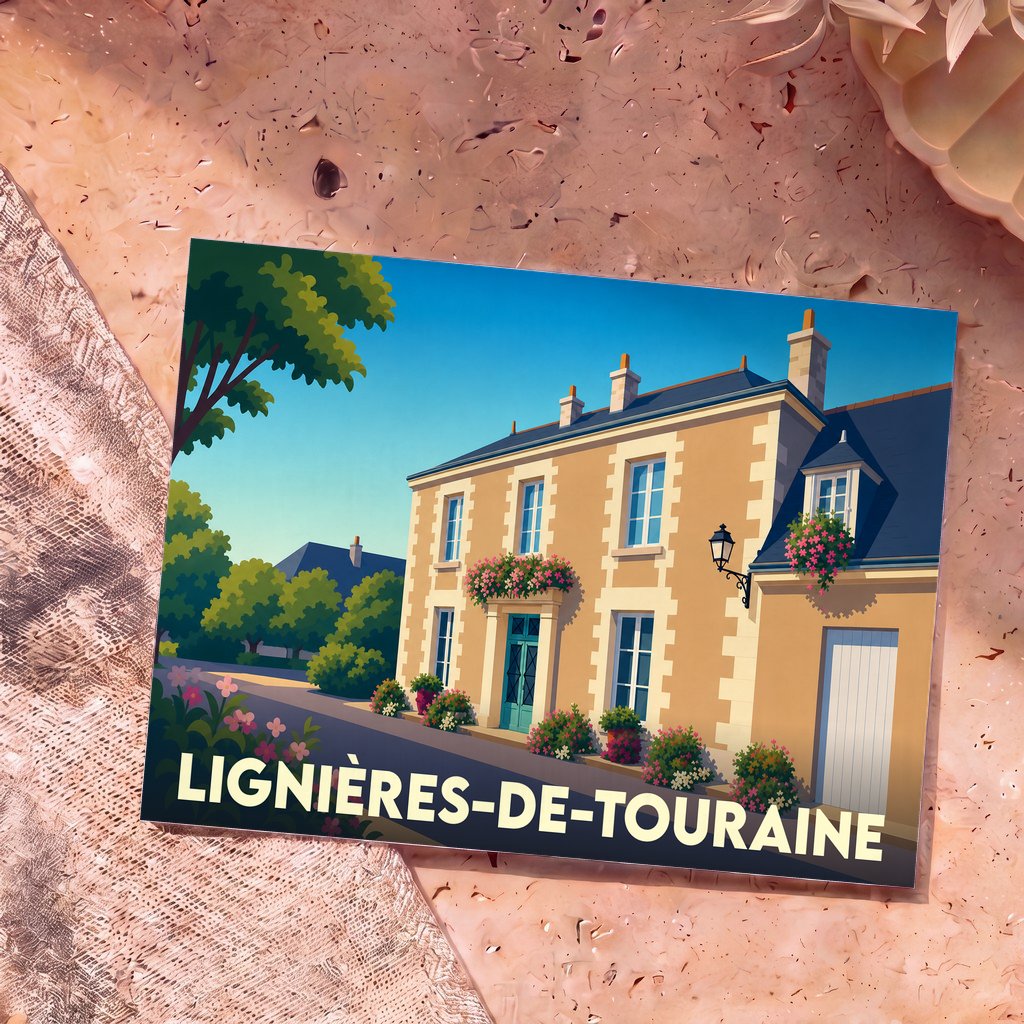 Carte postale souvenir de la ville de Lignières-de-Touraine avec une illustration stylisée d'une maison tourangelle fleurie.