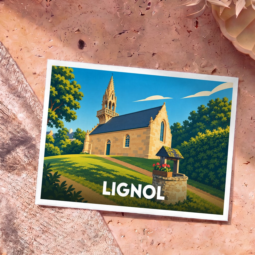 Carte postale souvenir de la ville de Lignol illustrant une église de campagne et un puits fleuri sous un ciel bleu.
