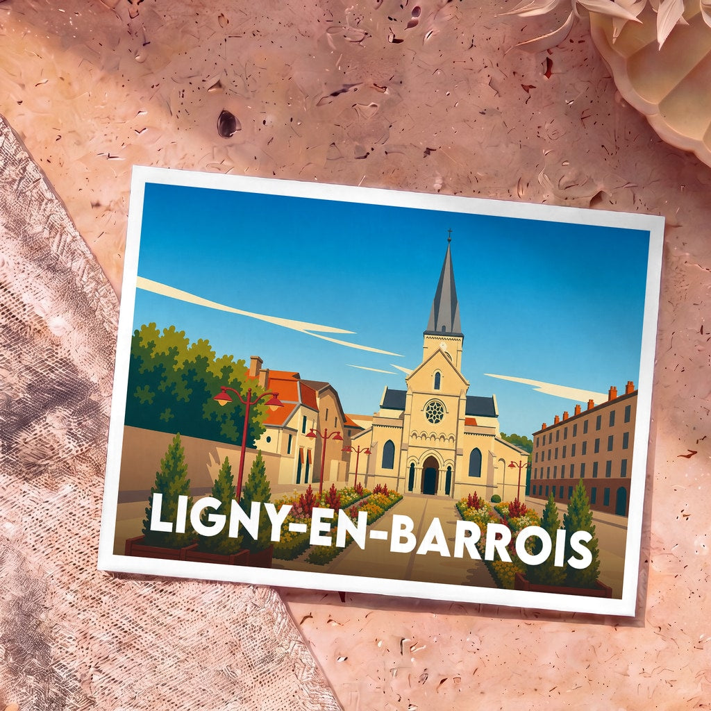 Carte postale souvenir de la ville de Ligny-en-Barrois avec une illustration stylisée de son église et de ses jardins.