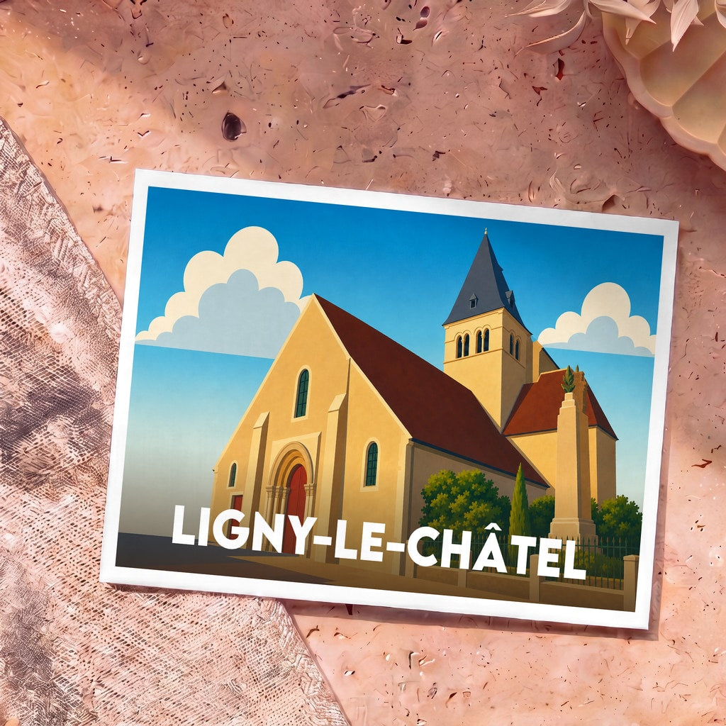 Carte postale souvenir de la ville de Ligny-le-Châtel avec une illustration stylisée de son église.
