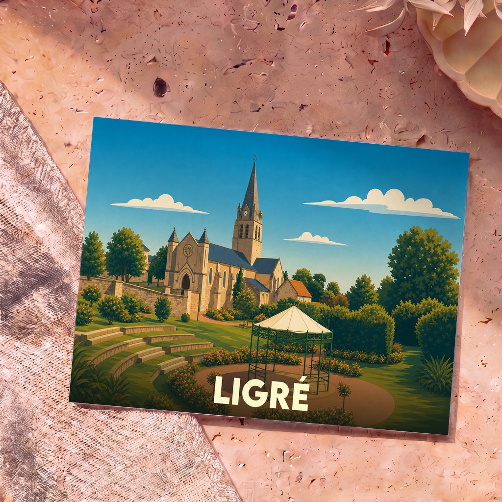 Carte postale souvenir de la ville de Ligré avec une illustration stylisée d'une église et d'un jardin.