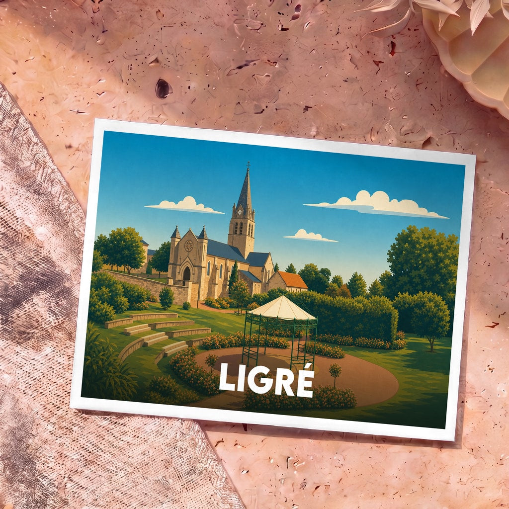 Carte postale souvenir de la ville de Ligré avec une illustration stylisée d'une église et d'un jardin.
