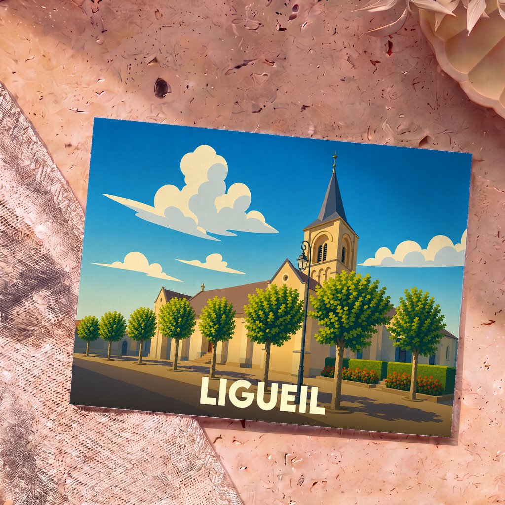Carte postale souvenir de la ville de Ligueil avec une illustration stylisée d'une église sous un ciel bleu.