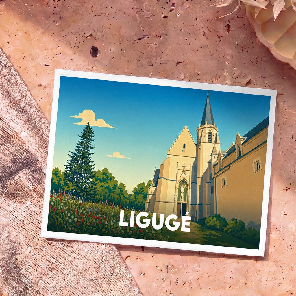 Carte postale souvenir de la ville de Ligugé avec une illustration stylisée de son abbaye et d'un jardin fleuri.