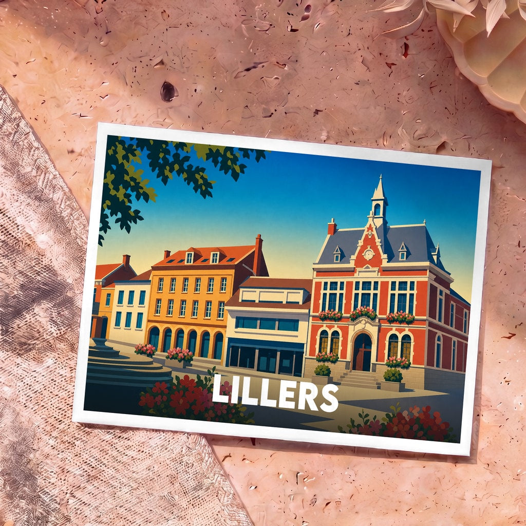 Carte postale souvenir de la ville de Lillers avec une illustration stylisée de son architecture locale.