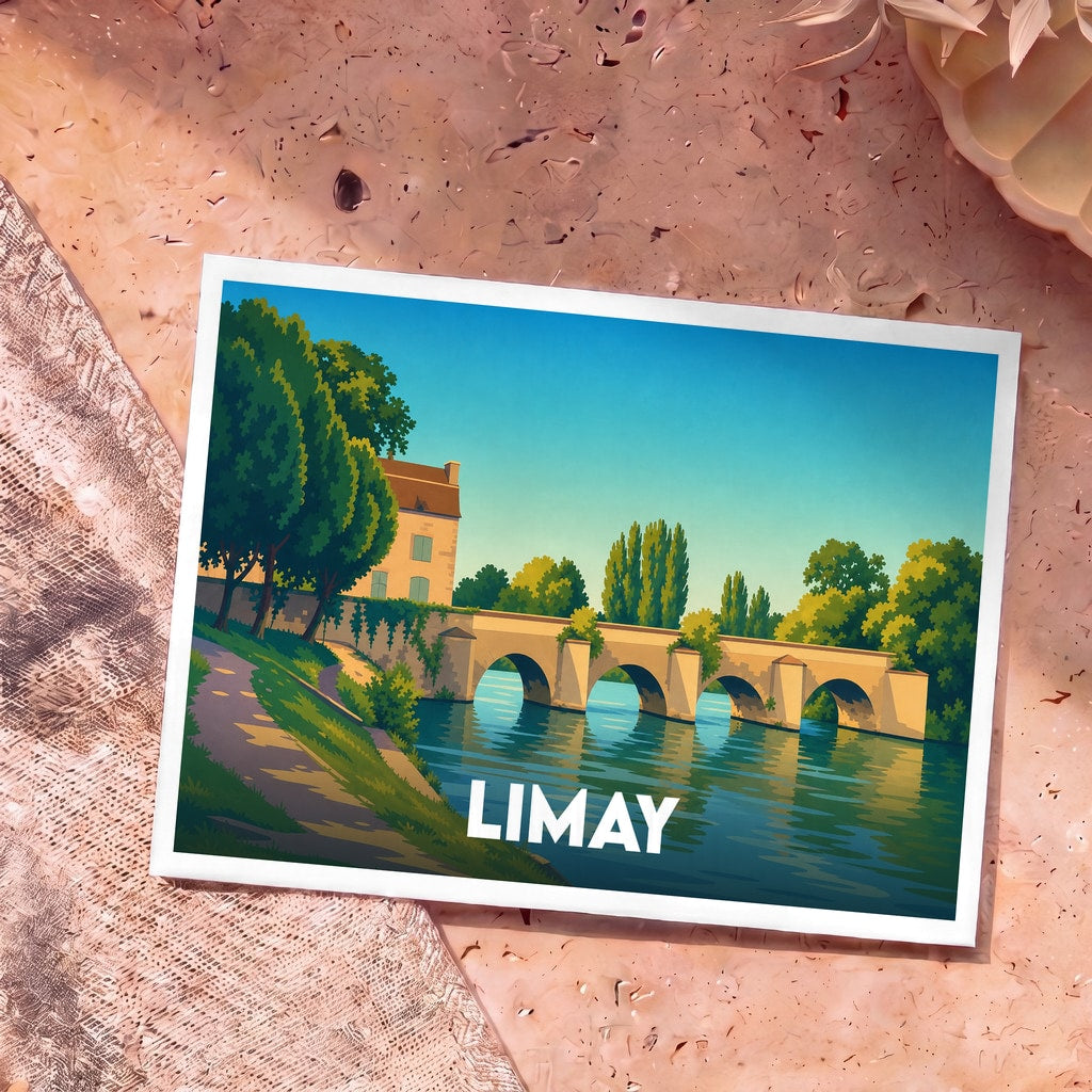 Carte postale souvenir de la ville de Limay illustrant son pont historique dans un style graphique épuré.