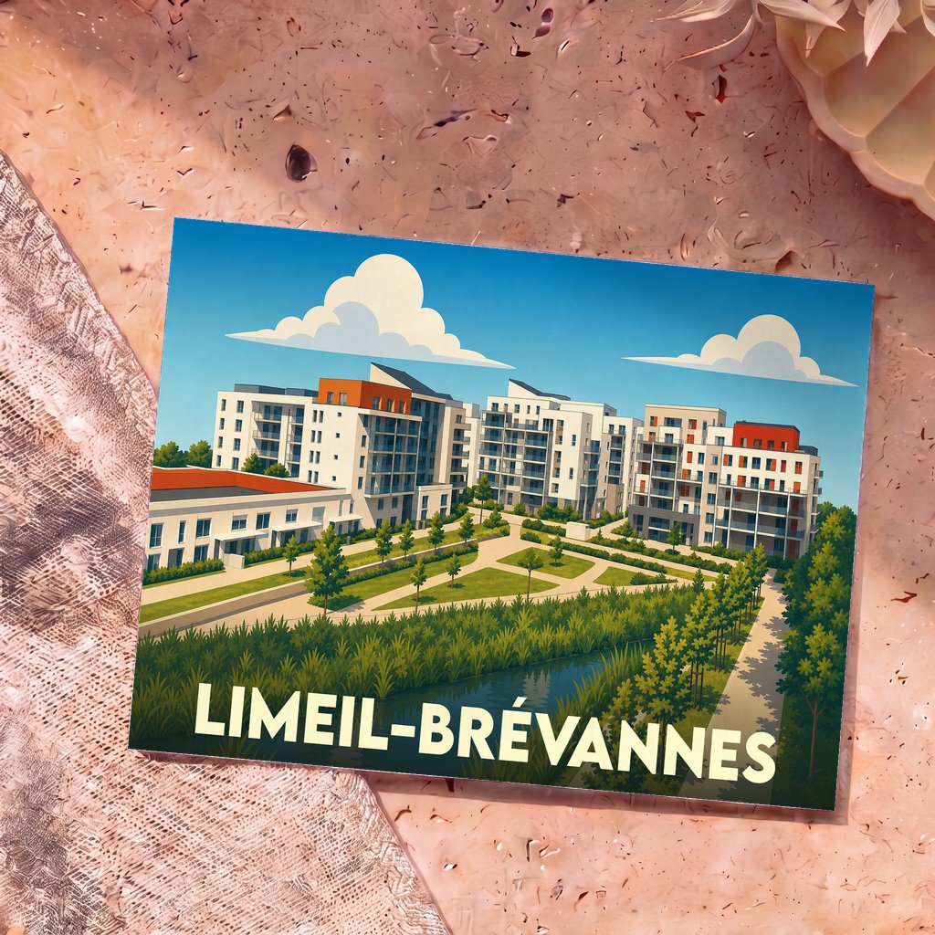 Carte postale souvenir de la ville de Limeil-Brévannes avec une illustration stylisée de son architecture moderne et de ses espaces verts.