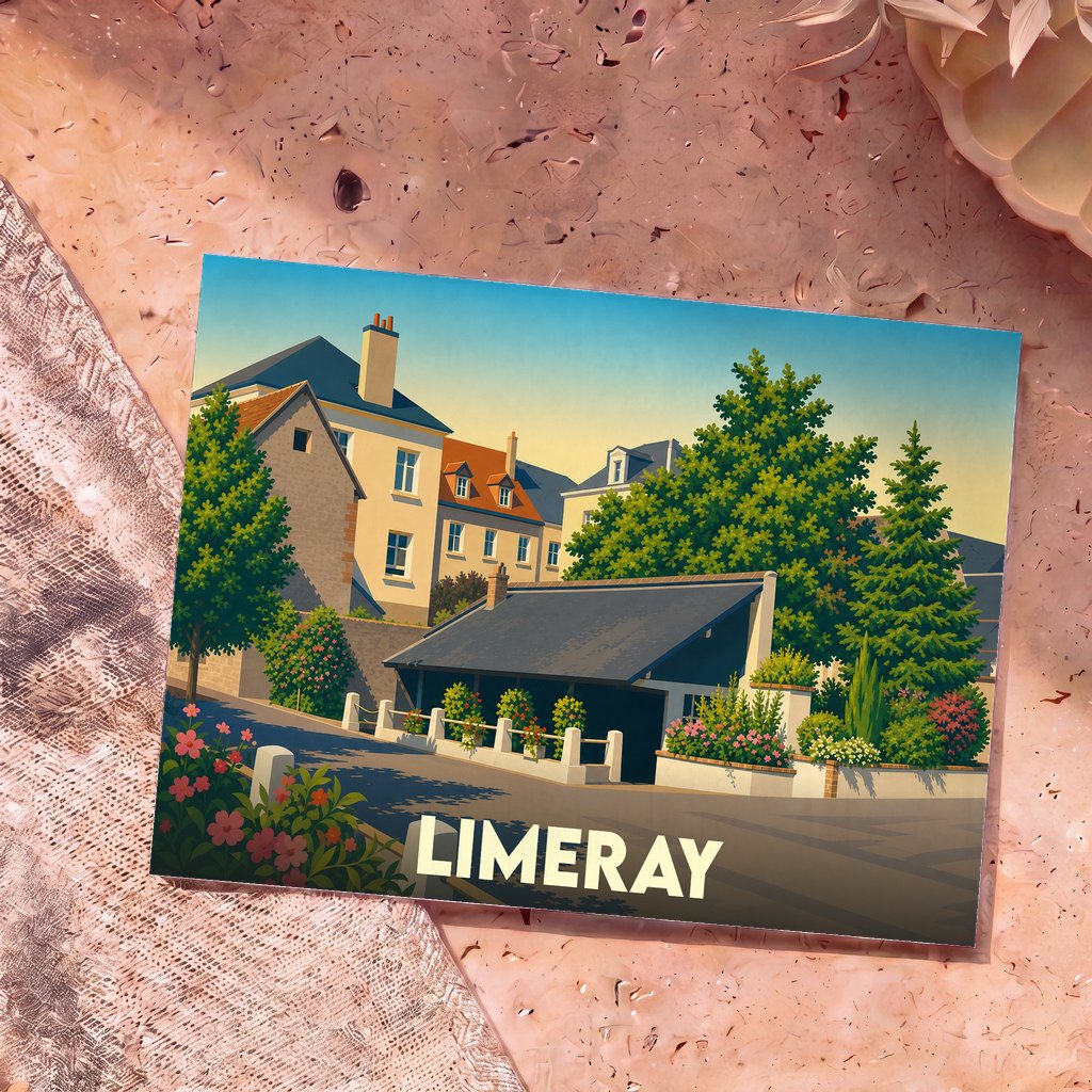 Carte postale souvenir de la ville de Limeray présentant une illustration stylisée et colorée de ses maisons et jardins fleuris.