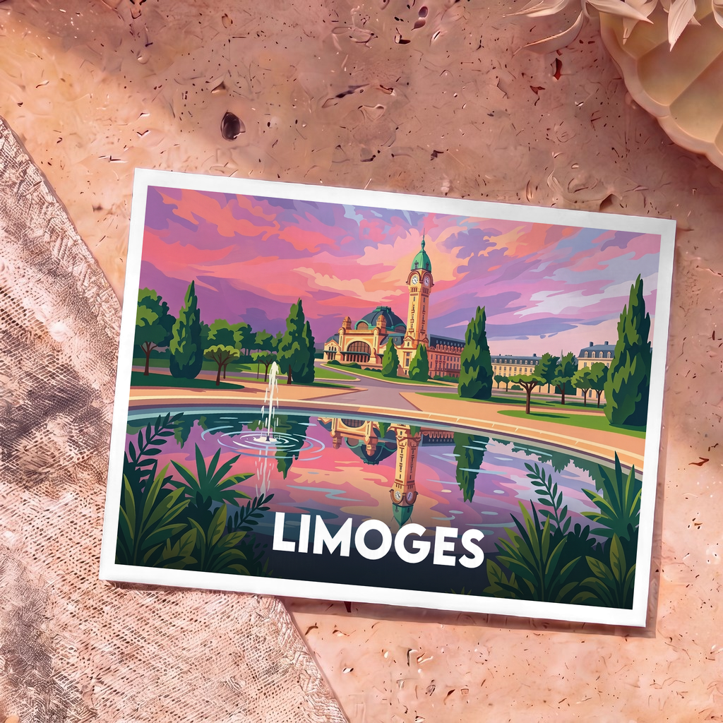 Carte postale souvenir de la ville de Limoges arborant une illustration stylisée de sa gare au bord de l'eau.