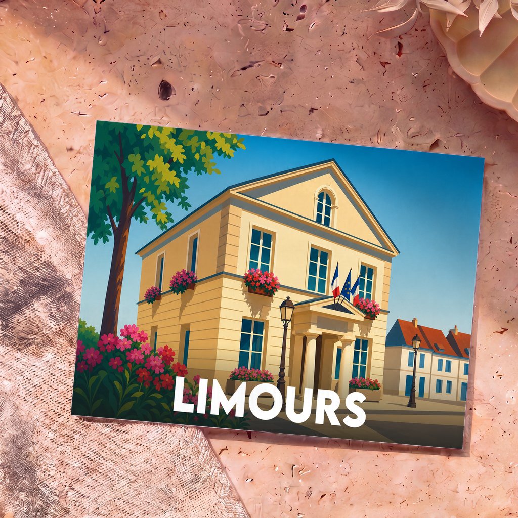 Carte postale souvenir de la ville de Limours illustrant son hôtel de ville dans un style graphique épuré et coloré.