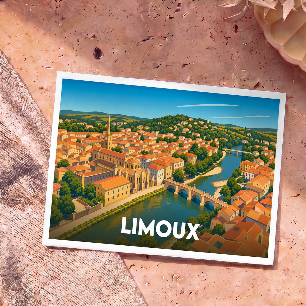 Carte postale souvenir de la ville de Limoux ornée d'une illustration stylisée de ses monuments et de sa rivière.