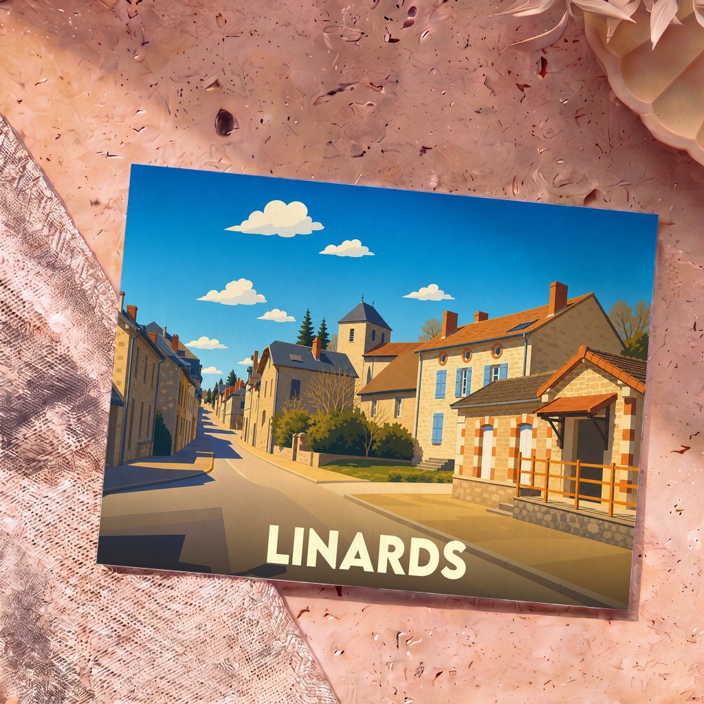 Carte postale souvenir de la ville de Linards avec une illustration stylisée d'une rue pittoresque.