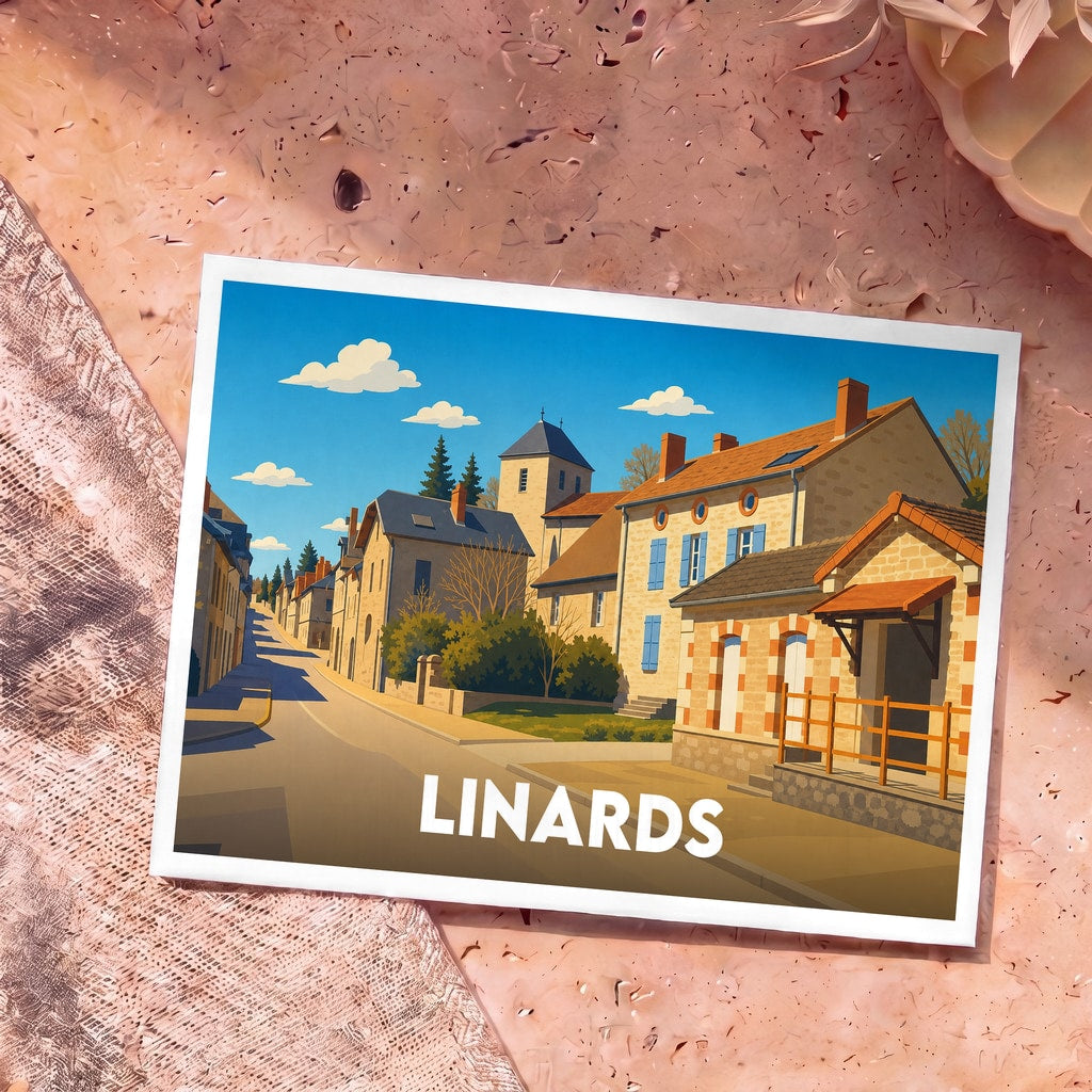 Carte postale souvenir de la ville de Linards avec une illustration stylisée d'une rue pittoresque.