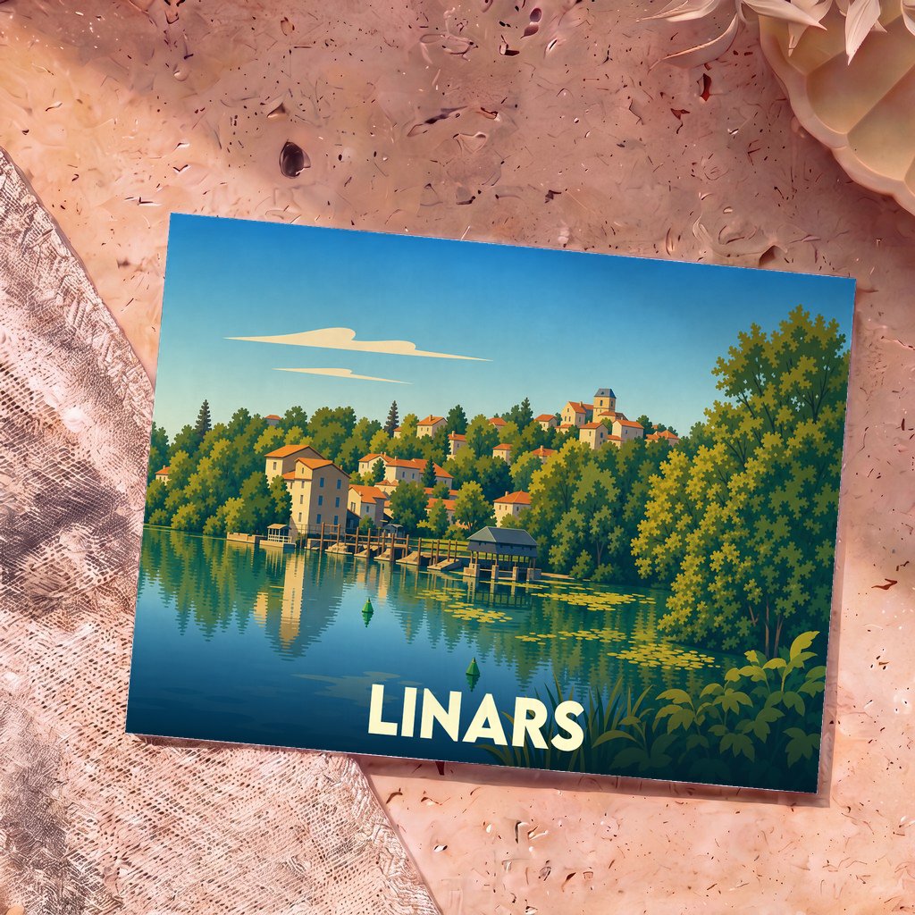Carte postale souvenir de la ville de Linars illustrée d'un paysage lacustre aux couleurs douces.