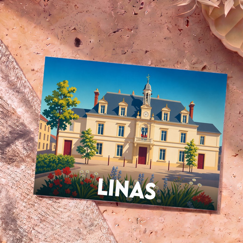 Carte postale souvenir de la ville de Linas illustrant son hôtel de ville dans un style graphique et coloré.