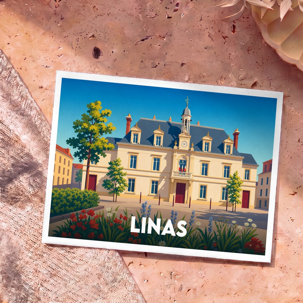 Carte postale souvenir de la ville de Linas illustrant son hôtel de ville dans un style graphique et coloré.