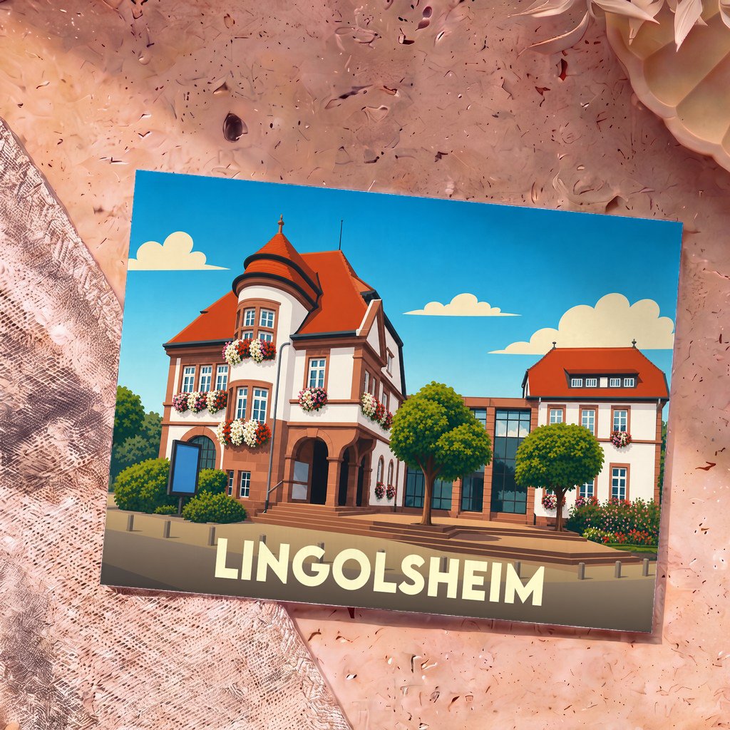 Carte postale souvenir de la ville de Lingolsheim illustrée d'un dessin coloré de la mairie.