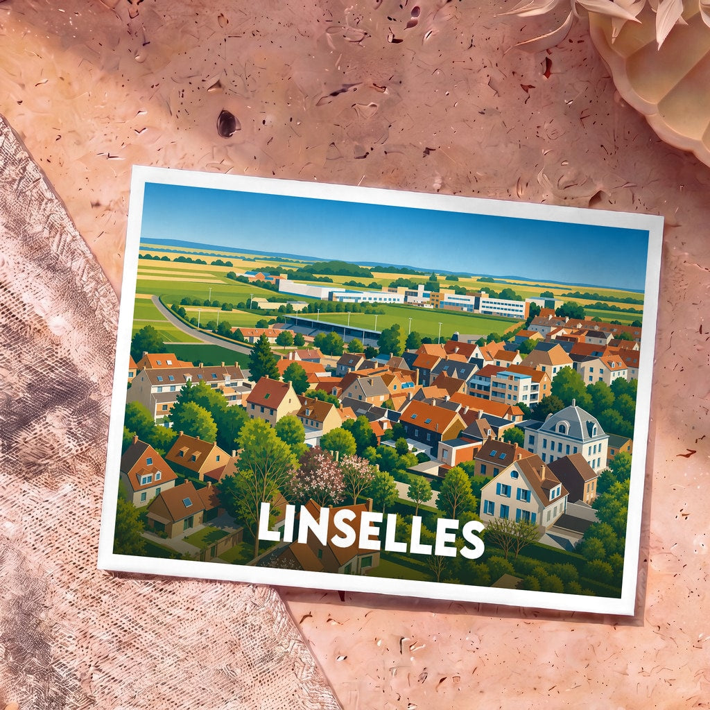 Carte postale souvenir de la ville de Linselles avec une illustration panoramique stylisée.
