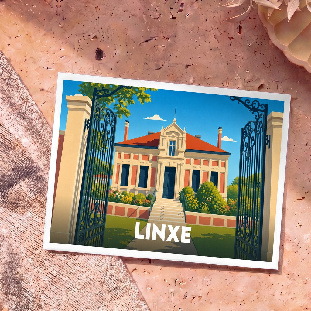 Carte postale souvenir de la ville de Linxe avec une illustration stylisée d'une demeure bourgeoise derrière une grille en fer forgé.