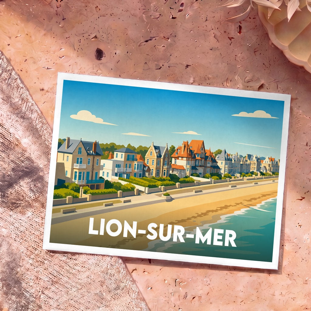 Carte postale souvenir de la ville de Lion-sur-Mer avec une illustration stylisée du front de mer.