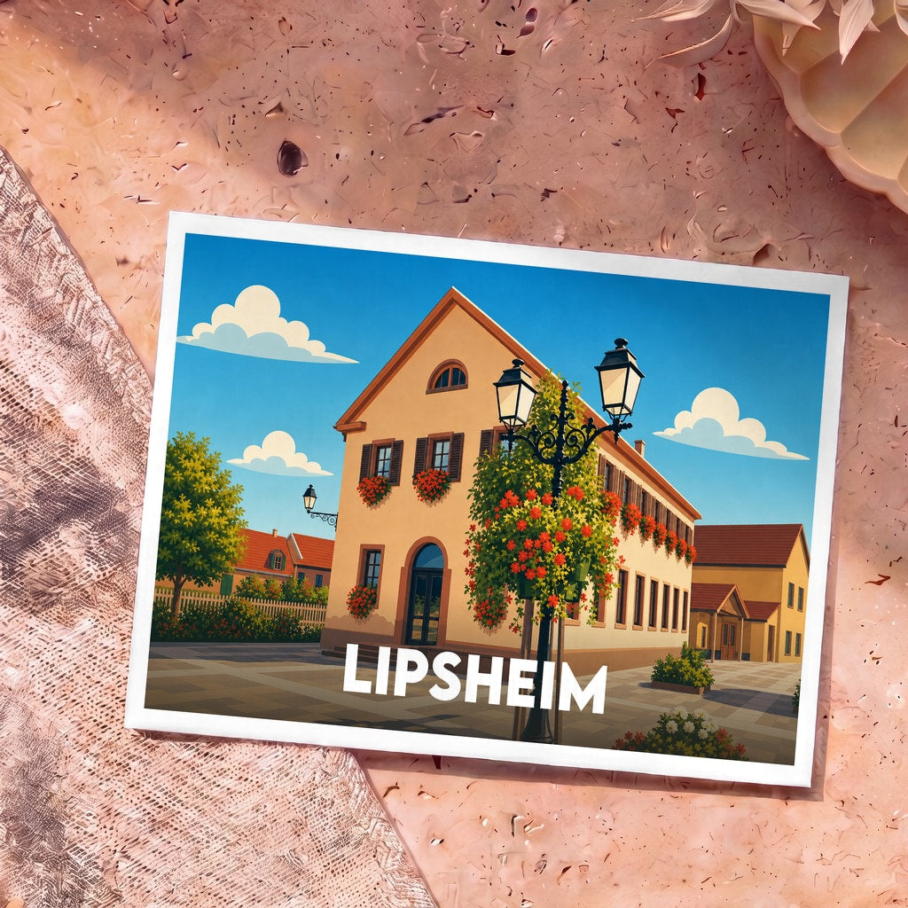 Carte postale souvenir de la ville de Lipsheim avec une illustration colorée et stylisée de son architecture.
