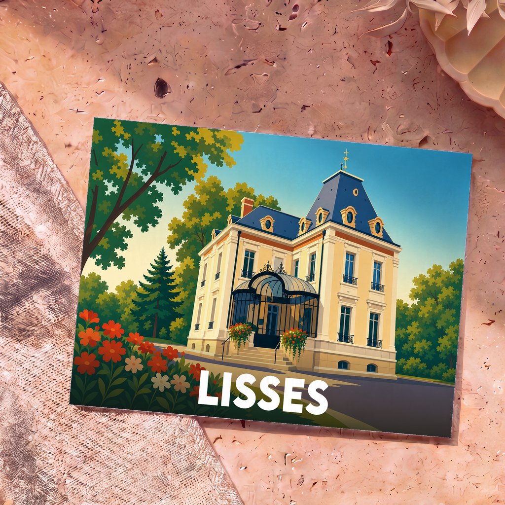 Carte postale souvenir de la ville de Lisses illustrant un manoir élégant dans un style graphique épuré.