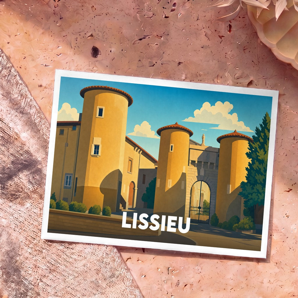 Carte postale souvenir de la ville de Lissieu avec une illustration stylisée de son château et de ses tours.