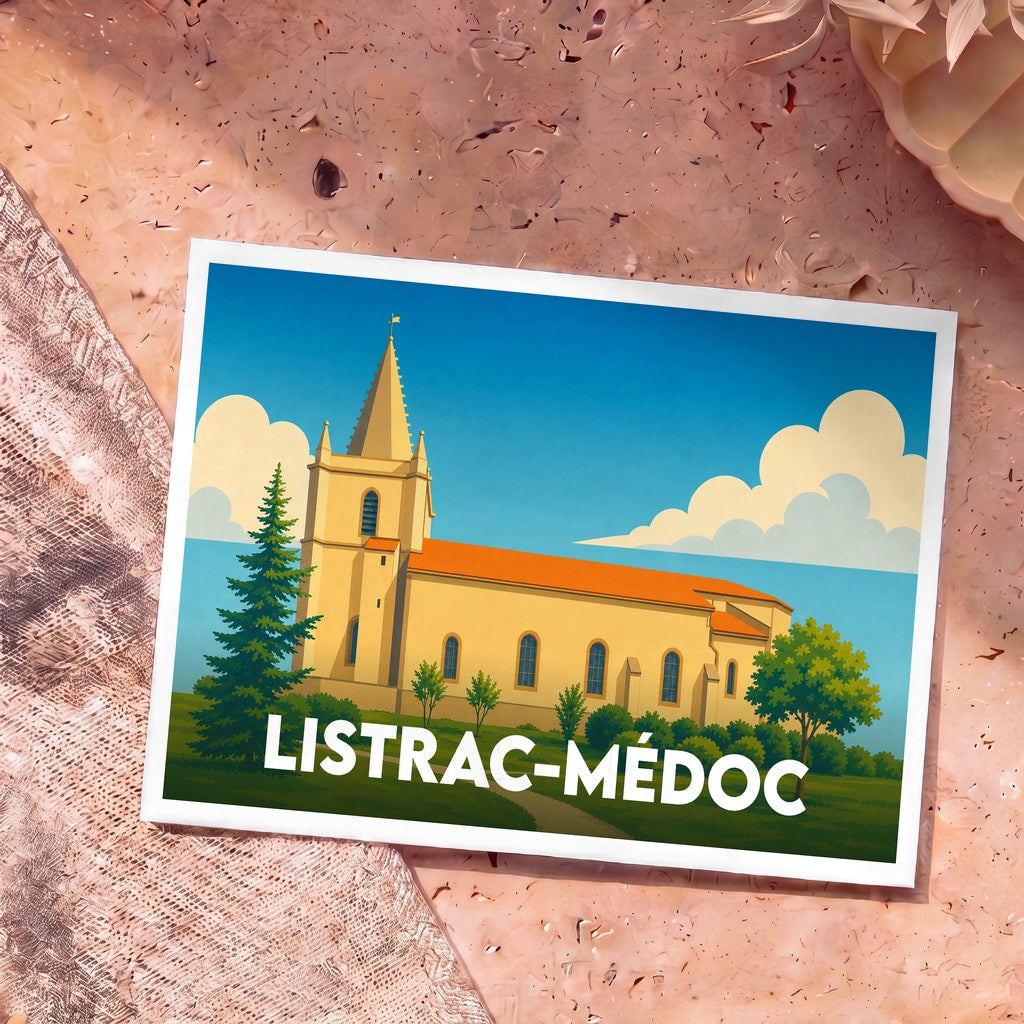 Carte postale souvenir de la ville de Listrac-Médoc avec une illustration stylisée de son église sous un ciel bleu.