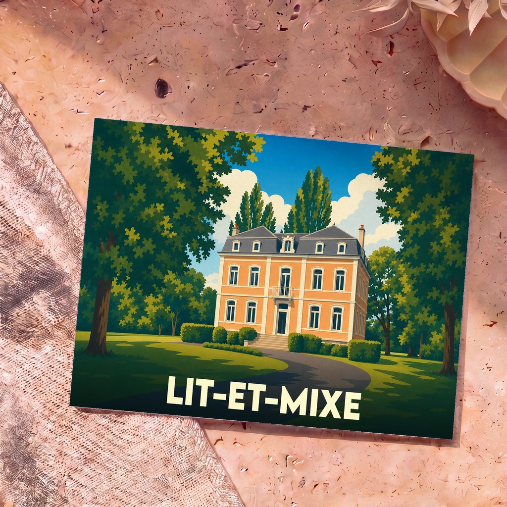 Carte postale souvenir de la ville de Lit-et-Mixe représentant une grande demeure bourgeoise entourée de verdure.